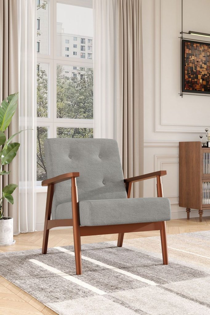 Grey Button Cushion Armchair with Wood Frame