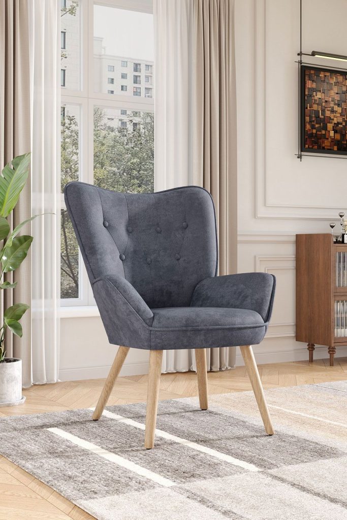 Grey Buttoned Linen Armchair with Wooden Legs