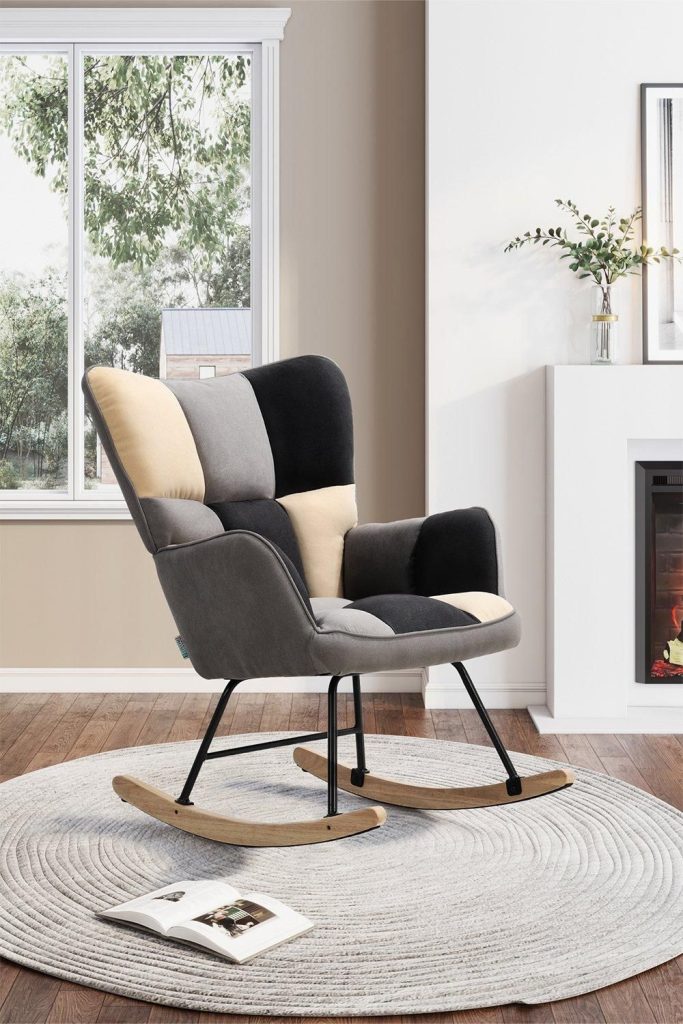 Patchwork Tufted Linen Upholstered Rocking Chair