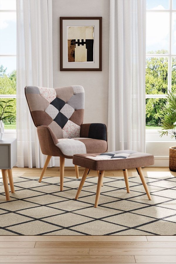 Brown Colour Block Upholstered Wingback Armchair with Footstool | Bed Sava