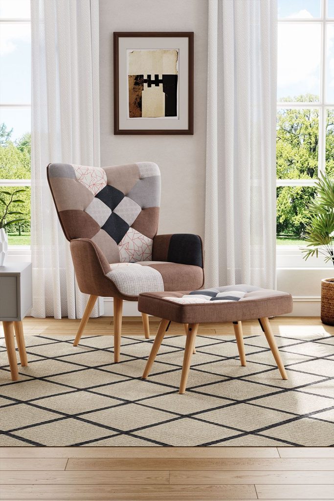 Brown Colour Block Upholstered Wingback Armchair with Footstool