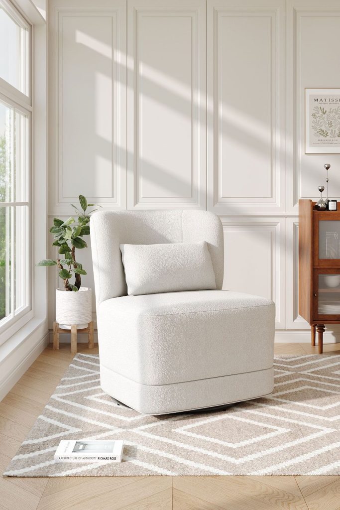 Teddy Fabric Curved Backrest Swivel Chair with Round Metal Base