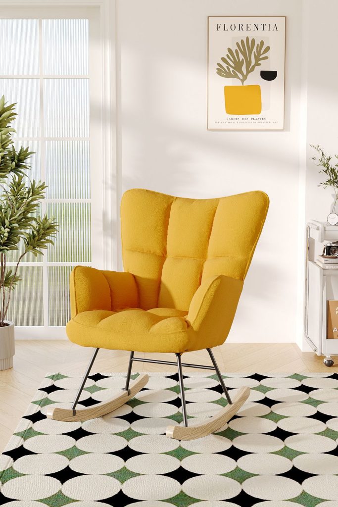 Yellow Tufted Linen Upholstered Rocking Chair