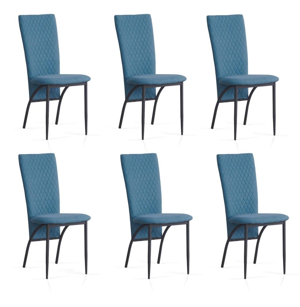 Blue Suede Fabric Dining Chairs with Matte Metal Legs for Kitchen and Living Room 6Pcs