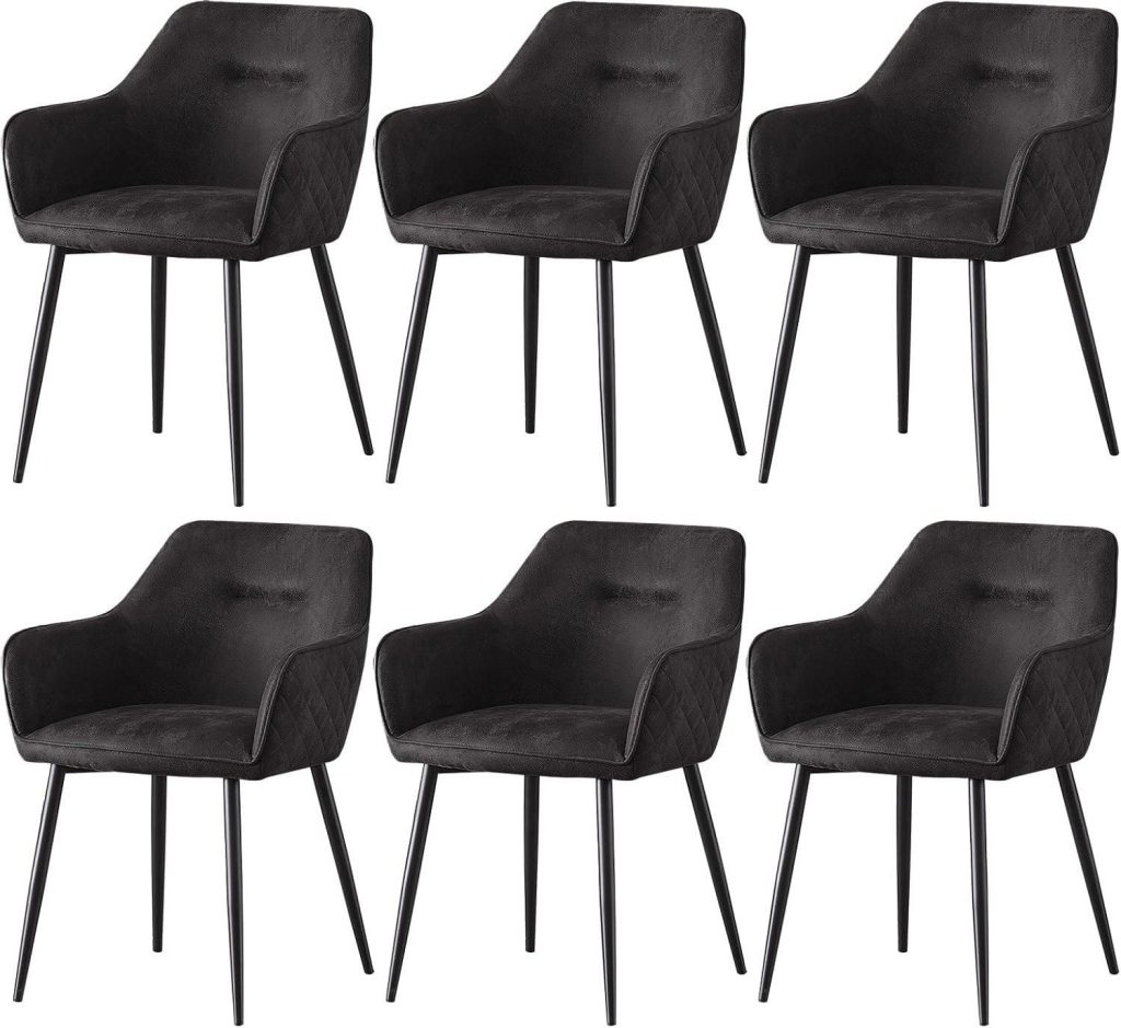 Elegant Black Faux Suede Dining Chairs with Matte Metal Legs, Set of 6