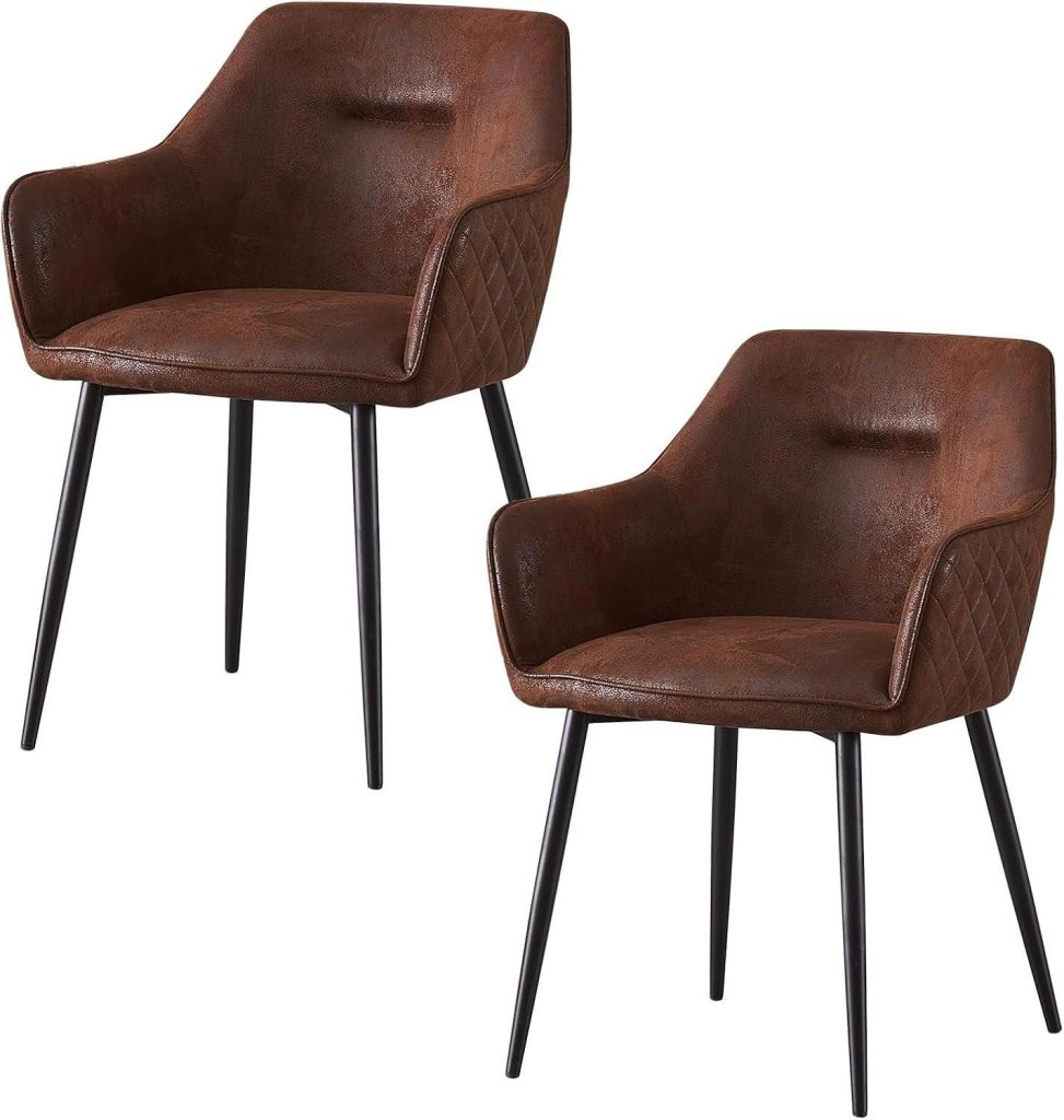 Brown Suede Matte Metal Legs Dining Chairs, Set of 2