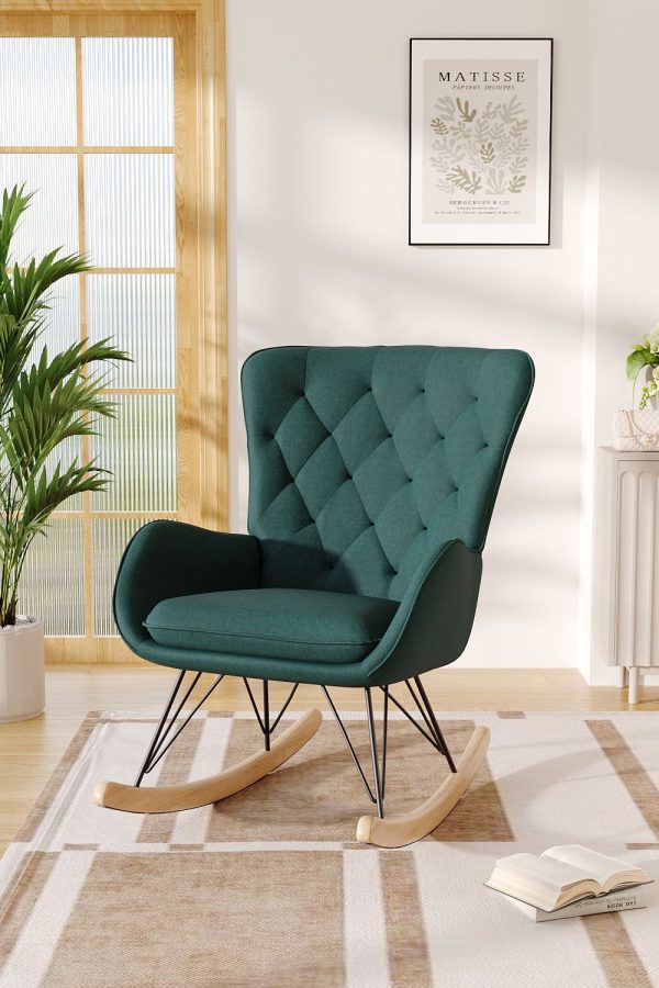 Green Modern Diamond Check Tufted Velvet Rocking Chair | Bed Sava