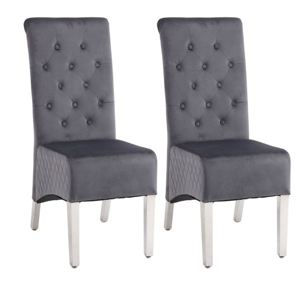 A Pair x2 Velvet Tufted High Back Dining Chairs with Chrome Legs | Bed Sava