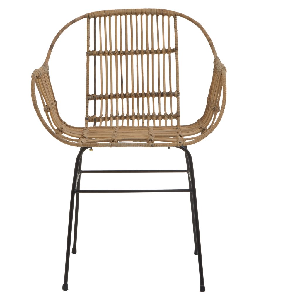 Brown Natural Rattan Chair with U Shaped Seat, Black Metal Legs Rattan Dining Chair, Rattan Outdoor Chair