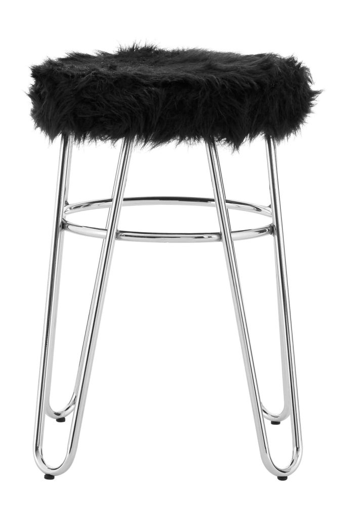 Metal and Black Faux Fur Stool, Small Hairpin Round Stool, Sturdy Plush Fur Stool for Lounge, Bedroom
