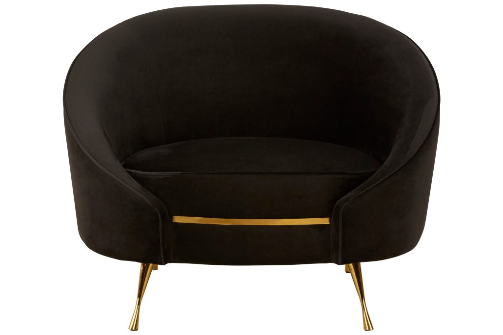 Black Velvet Armchair With Gold Finish Stainless Steel Legs, Luxe Curved Barrel Design Accent Chair