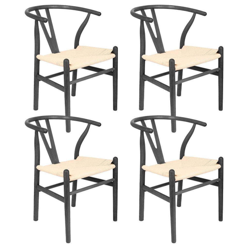 4x Black Beech Wood Wishbone Dining Chairs - Solid Wood Wish Bone Wood Chairs