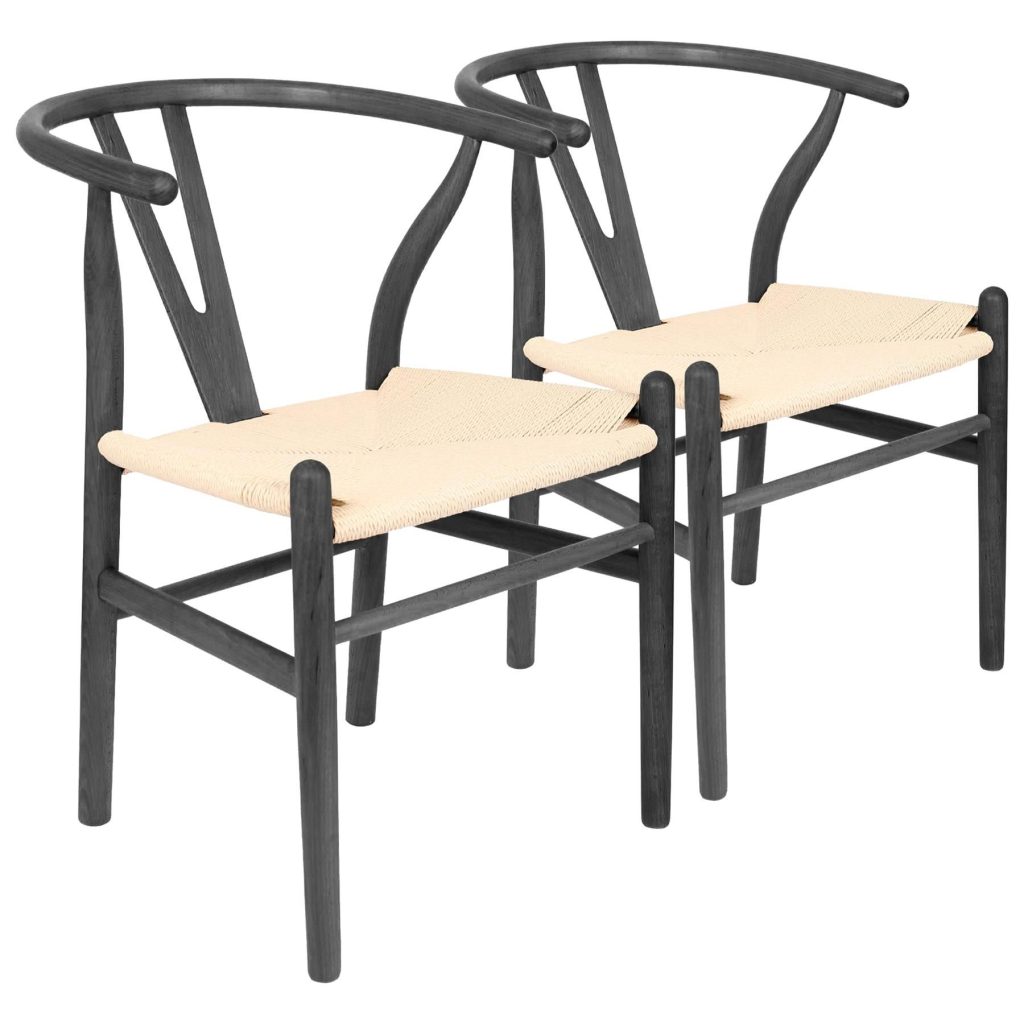 2x Beech Wood Wishbone Dining Chairs - Solid Wood Wish Bone Wood Chairs