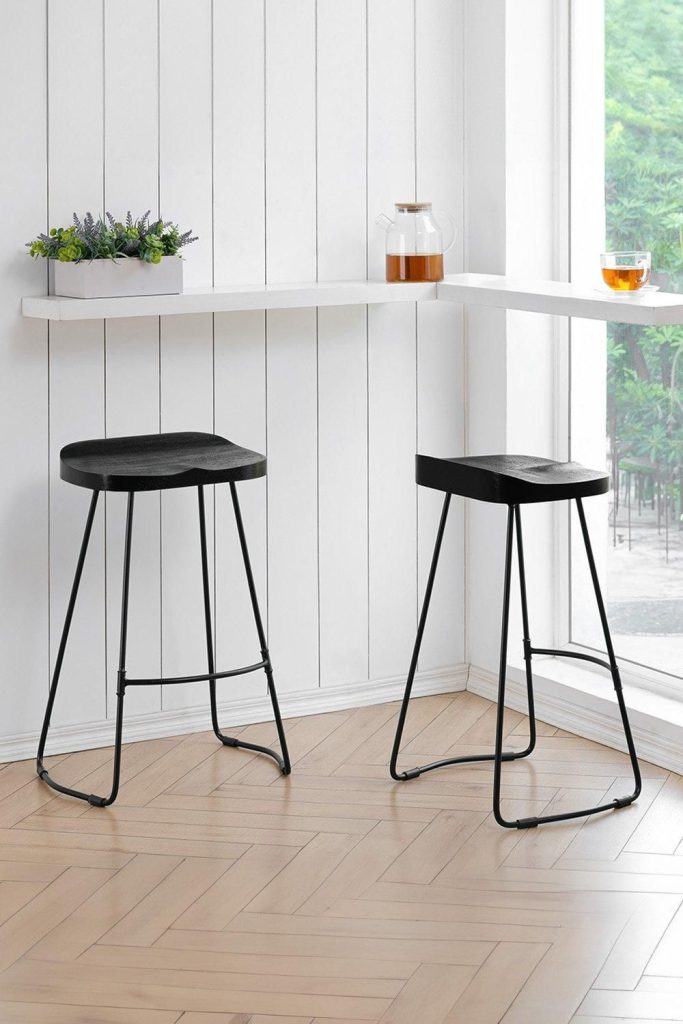 'Lara' Set of Two Saddle Seat Kitchen & Breakfast Counter Bar Stools: Handmade Armless Wood Counter Bar Stool with Black Legs for Dining Room