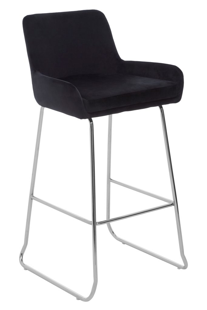 Black Velvet Bar Chair With Low Arms, Bar Stool With Chrome Sled Base & Footrest, Velvet Upholstered