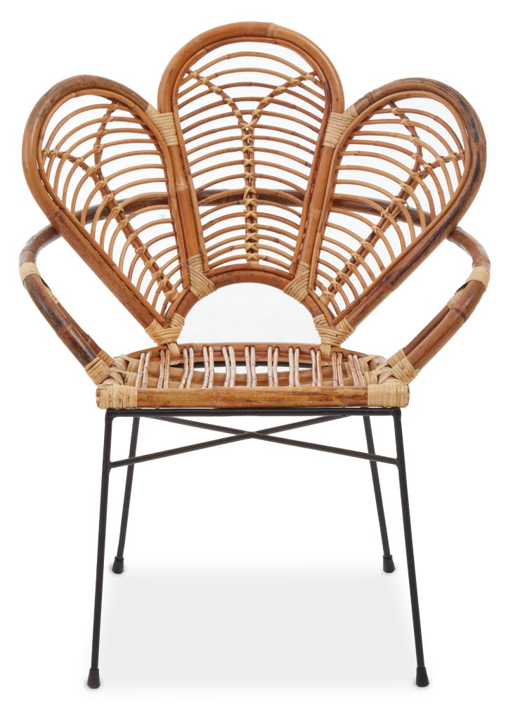 Interiors by Premier Natural Brown Rattan Arm Chair with Petal Design, Black Metal Legs Rattan Dining Chair, Cane Dining Chair