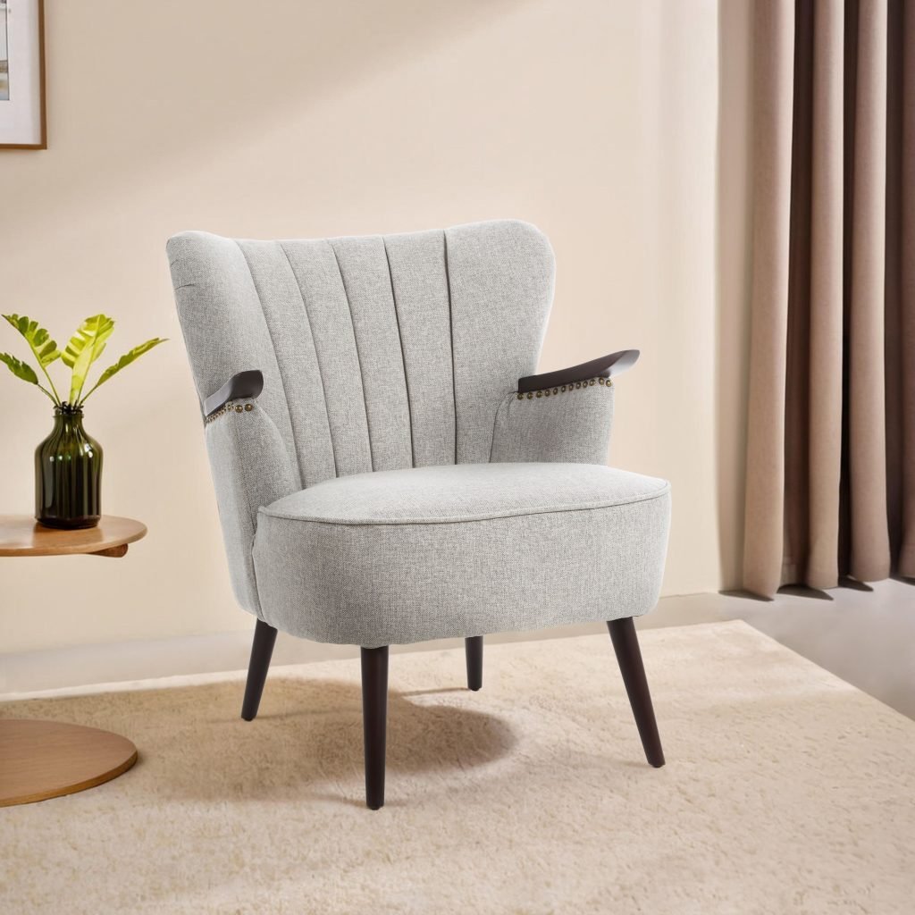 Comfortable Grey Lounge Chair With Curved Backrest, Spacious And Modern Highback Room Chair For Bedrooms