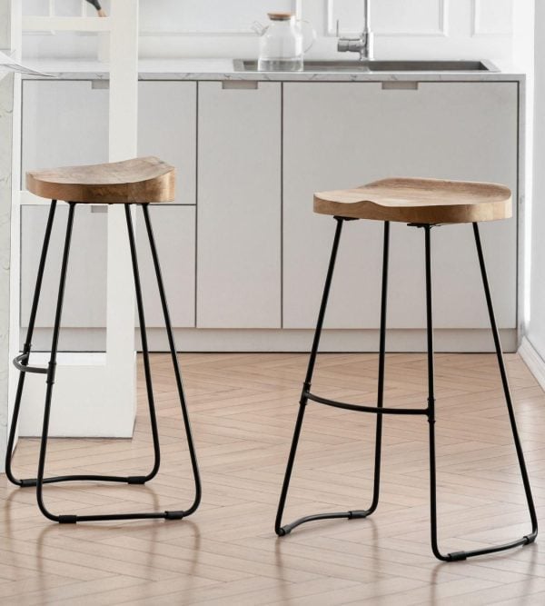 Lara Set of Two Saddle Seat Kitchen  Breakfast Bar Stools Handmade Armless Mango Wood Bar Stool with Black Legs for Dining Room | Bed Sava