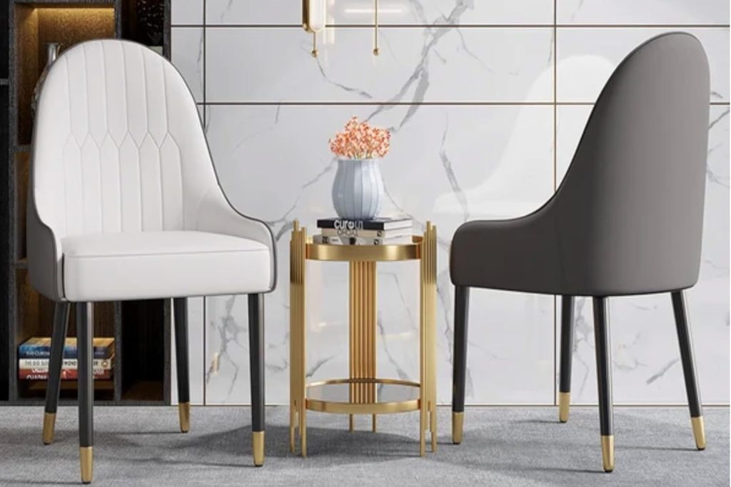 2 Piece Set Accent Armchair, Fire Resistant Pu Leather Dining Chairs Padded Seat With Mental Black Legs And Gold Horns