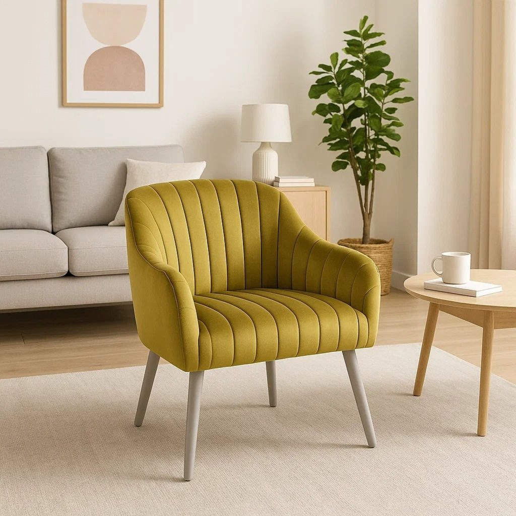 Comfortable Mustard Fabric Armchair For Reading, Mid-century Modern chair For Livingrooms, Sleek Armchair
