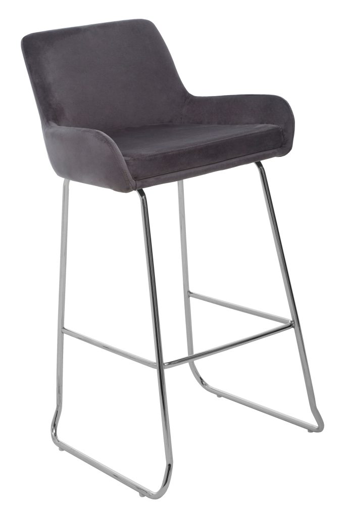 Grey Velvet Bar Chair With Low Arms, Contemporary Sled Base Bar Stool With Chrome Footrest