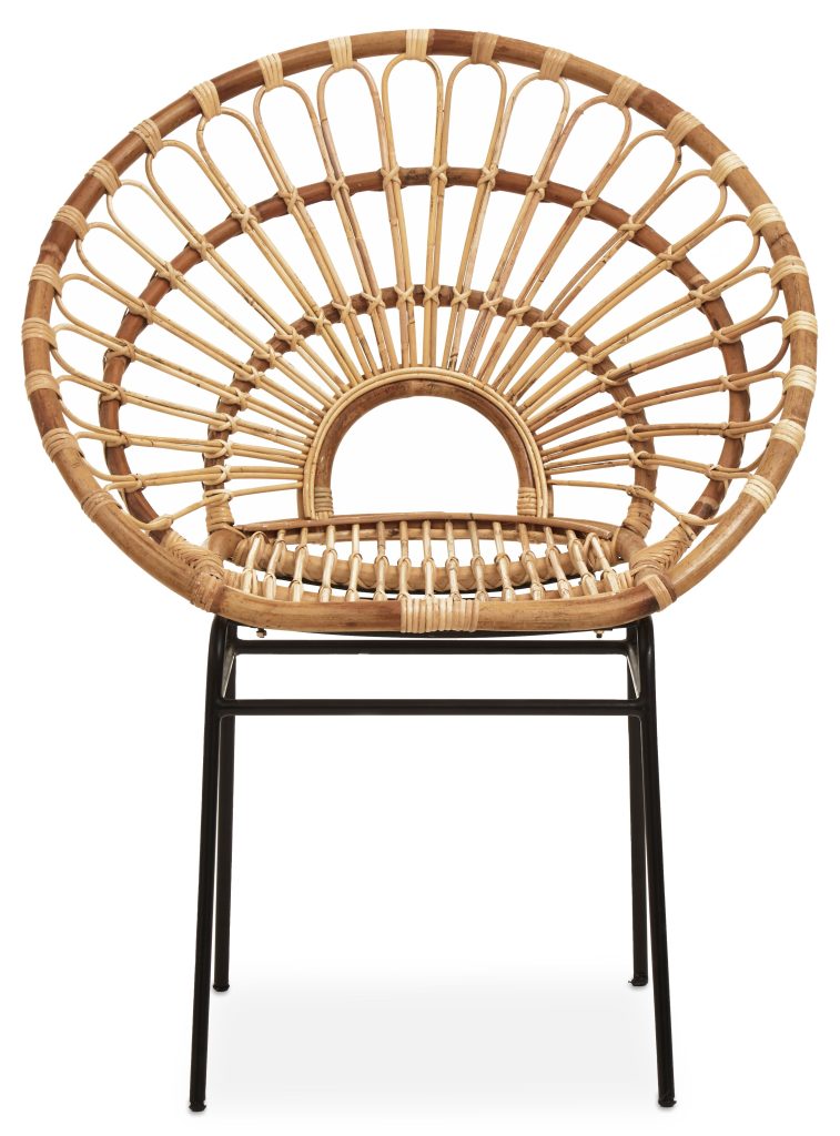 Rattan Round Petal Chair with Black Metal Legs, Rattan Dining Chair