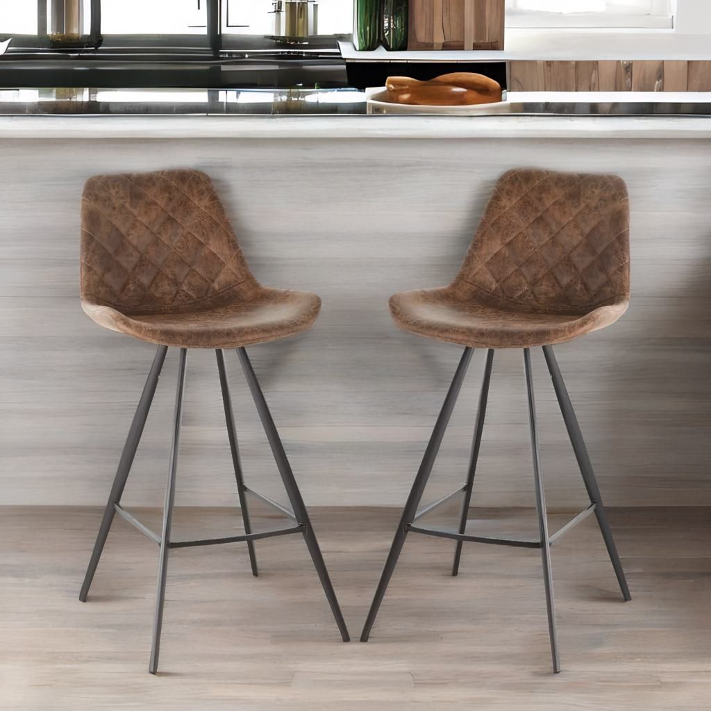 2PC Barstools Set With Backrest Quilted Brown