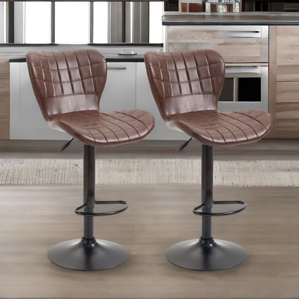 Adjustable Height Retro Brown Faux Leather Bar Stools Set Of 2