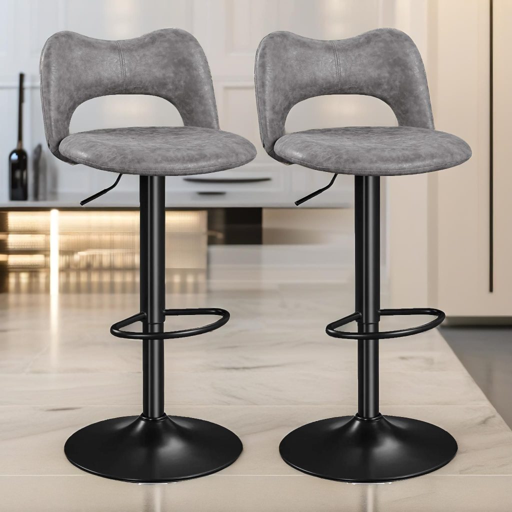 2PC Height Adjustable 360 PU Leather Swivel Barstools Set With Hollowback
