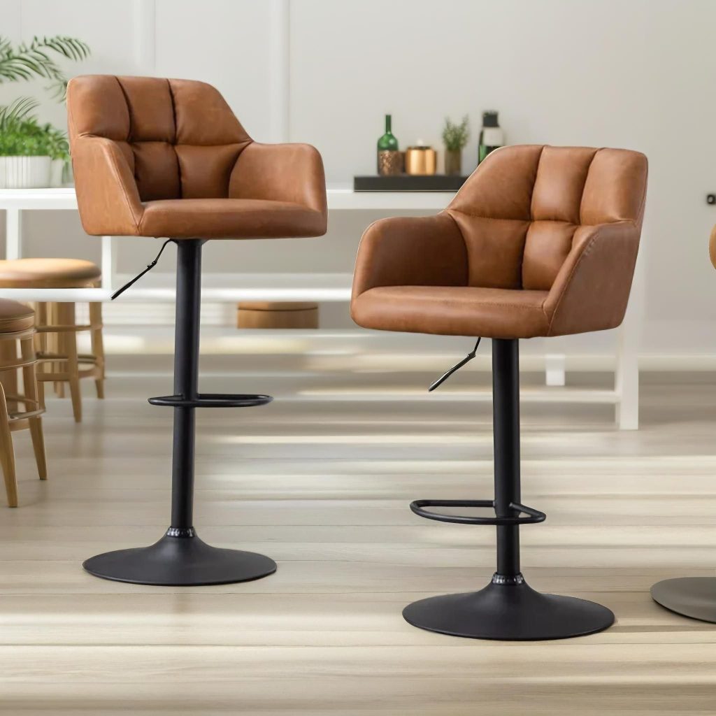 2PC Height Adjustable 360 PU Leather Swivel Barstools Set With Armrest