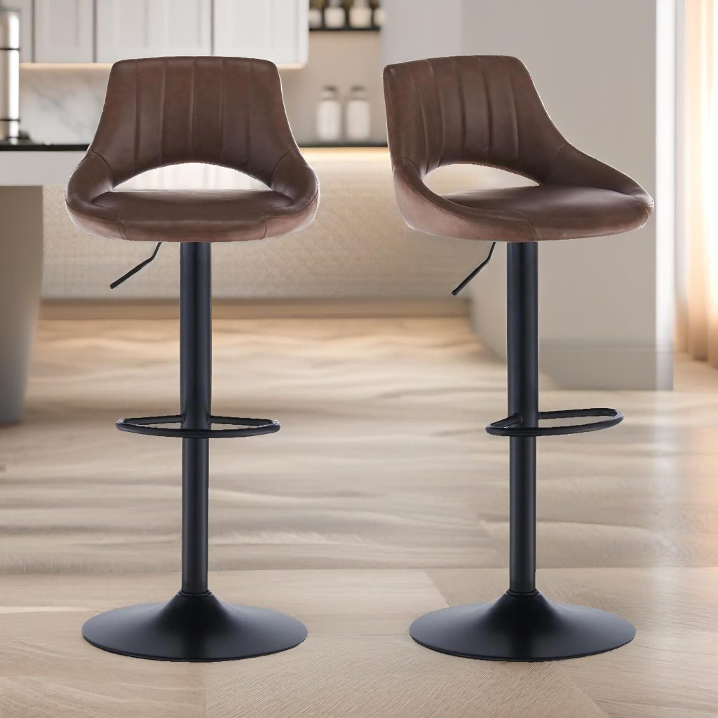 2PC Height Adjustable 360 PU Leather Swivel Barstools Set With Curved Hollowback