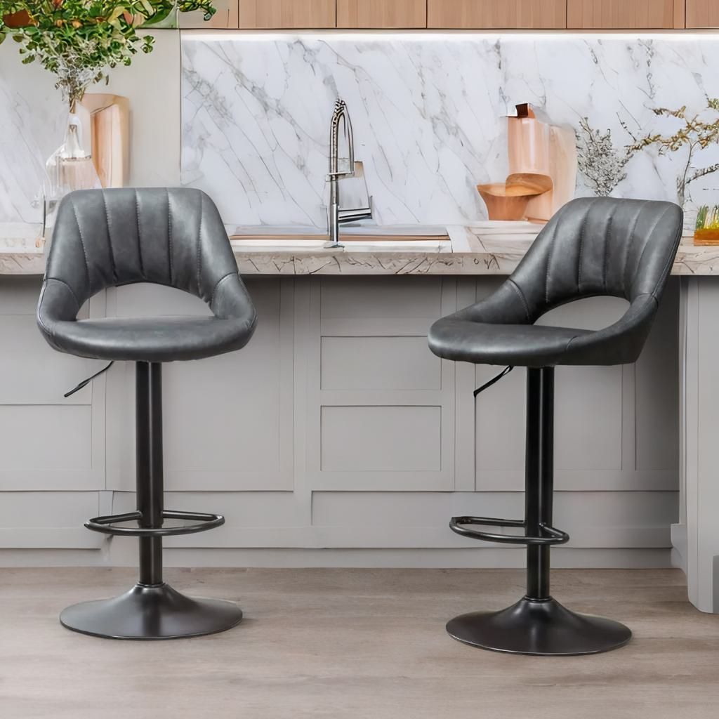 2PC Height Adjustable 360 PU Leather Swivel Barstools Set Grey