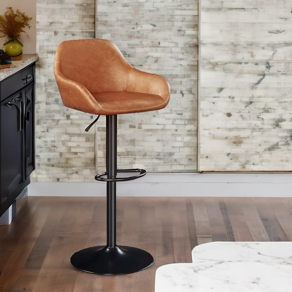 2PC Height Adjustable 360 Faux Leather Swivel Barstools Set Brown