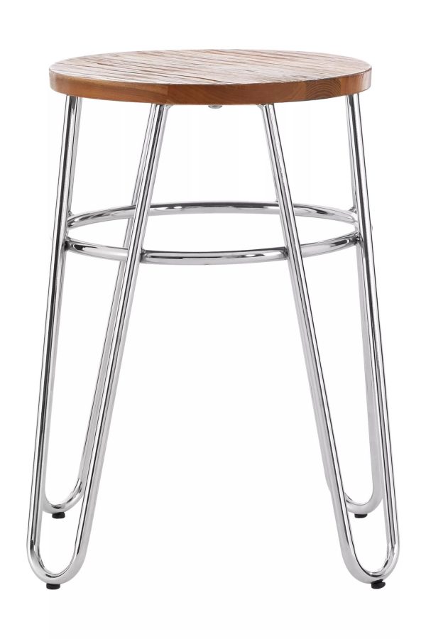 Chrome Metal and Elm Wood Round Stool Small Hairpin Stool Sturdy Stool for Lounge Bedroom Bar Stool | Bed Sava