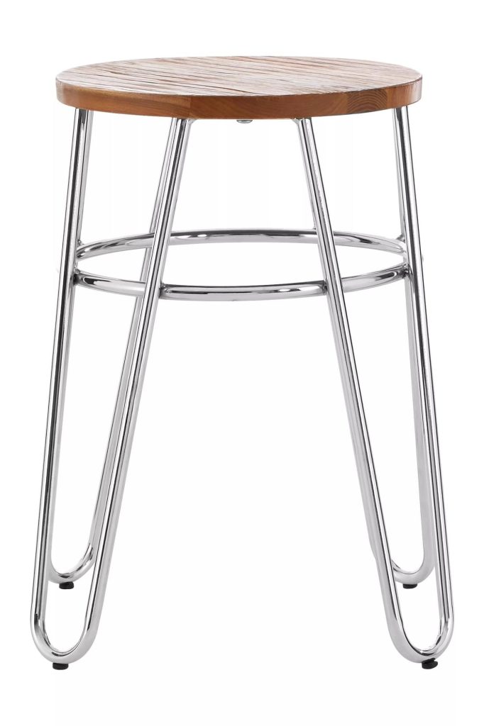 Chrome Metal and Elm Wood Round Stool, Small Hairpin Stool, Sturdy Stool for Lounge, Bedroom, Bar Stool