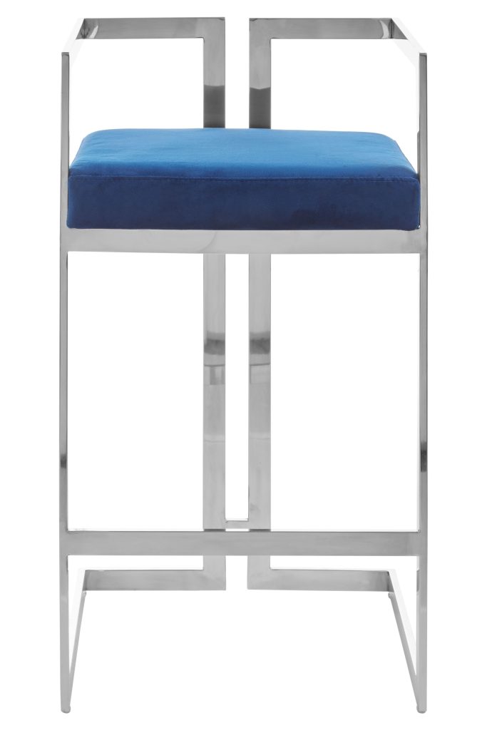 Blue Velvet Bar Stool with Silver Stainless Steel Frame Foam Padded Contemporary Bar Chair Velvet Seat | Bed Sava
