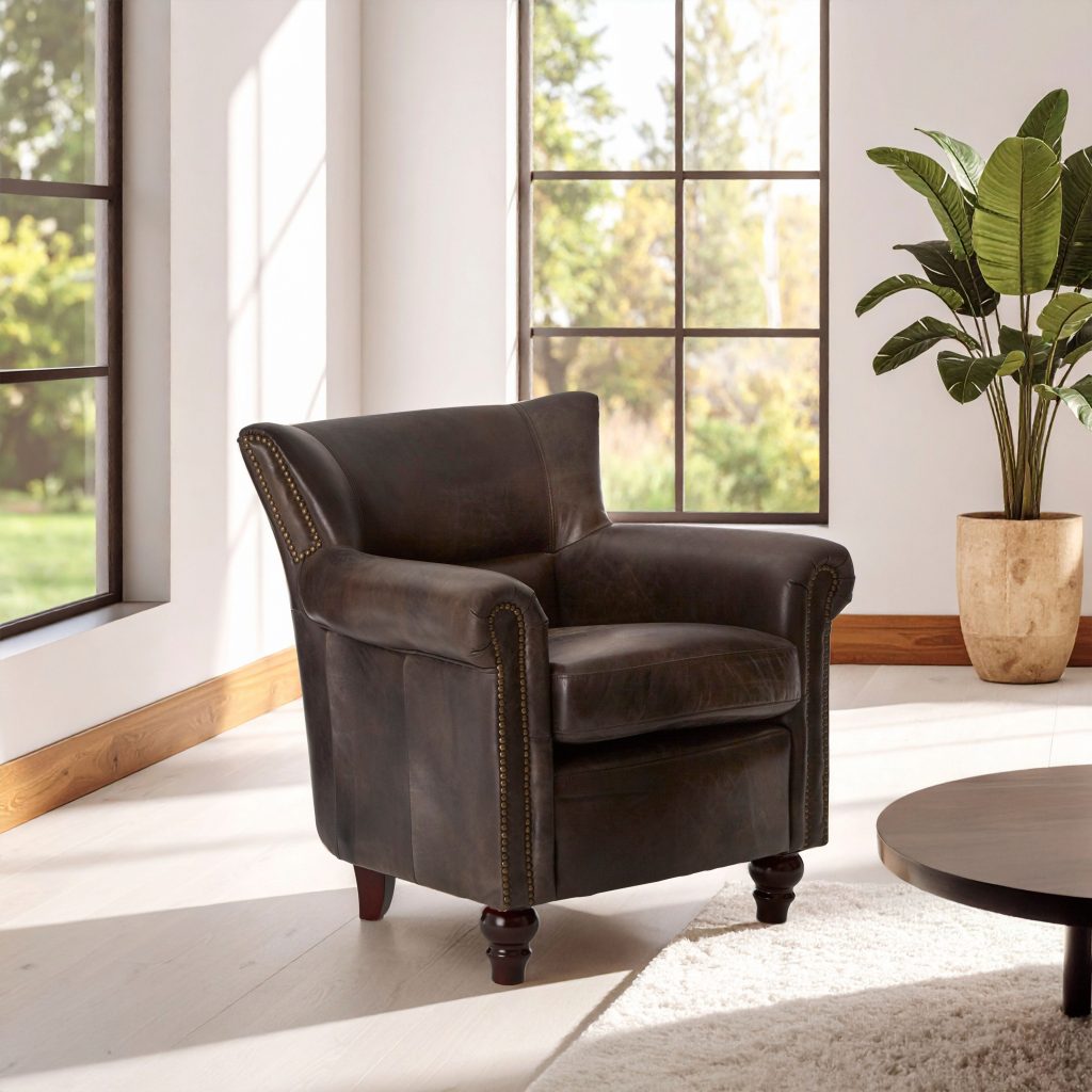 Cozy Dark Grey Scroll Armchair,Heritage Design Chair With Copper Studded Detail,Walnut Wooden Lounge Seat