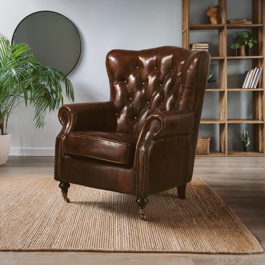 Brown Leather Scroll Armchair, Lounge Chair With Quilted Backrest,Walnut Wooden Chair With Stud Details