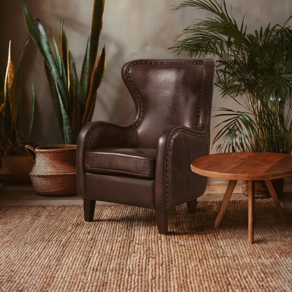 Dark Coffee Leather Armchair,Accent Chair, Leather Upholstered Lounge Chair,Wingback Ocassional Chair