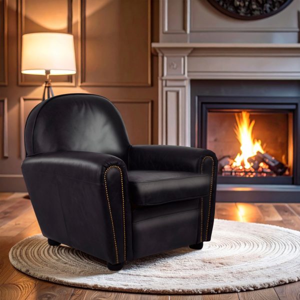 Black Leather Classic ArmchairLeather Upholstered Ocassional ChairMetallic Black Seat With Brass Studs | Bed Sava