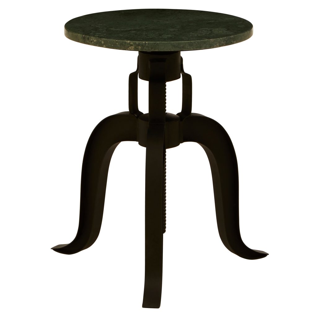 3 Leg Bar Stool With Green Marble Top, Plush Black Finish Metallic Counter Seat, Sleek Adjustable Stool