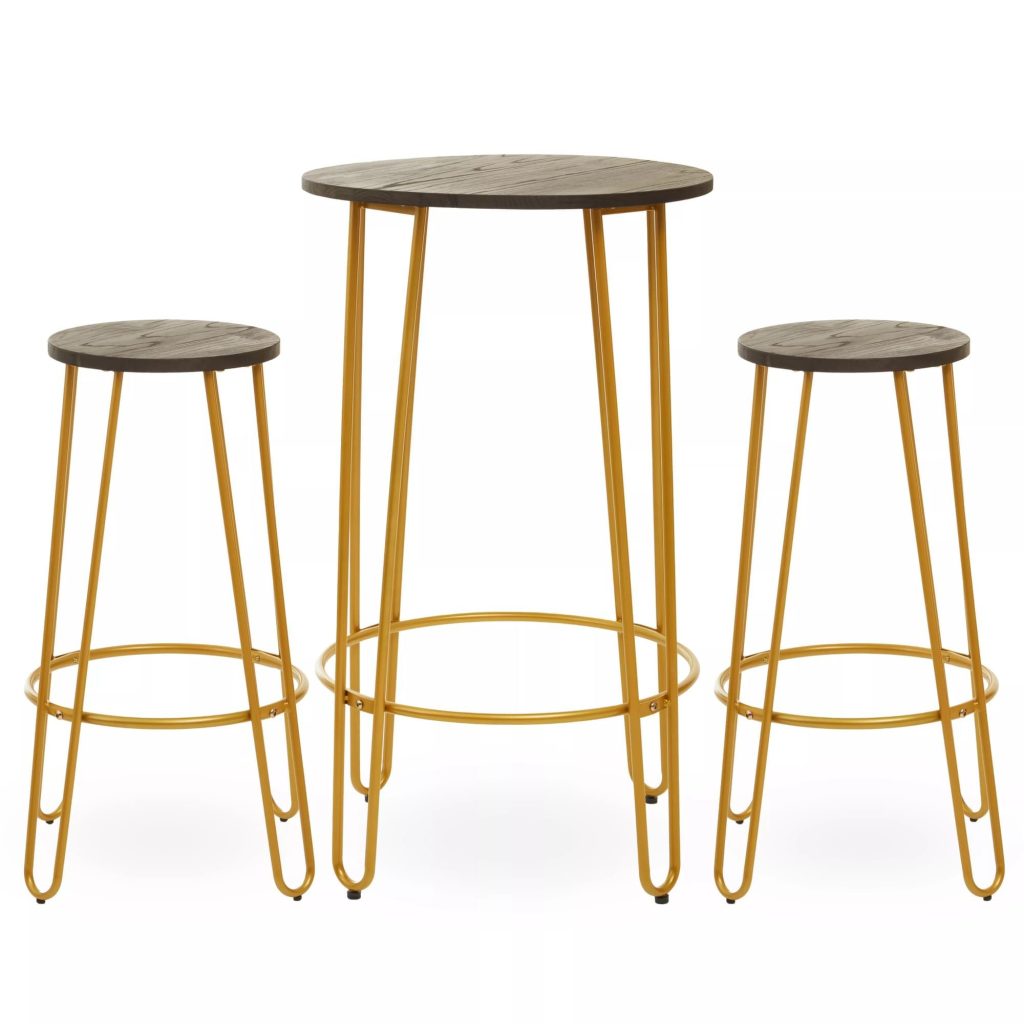 Set of 3 Metal Frame Bar Table Stool Set , Hairpin Stool for Kitchen Counter, Elm Wood Metal Frame Stool