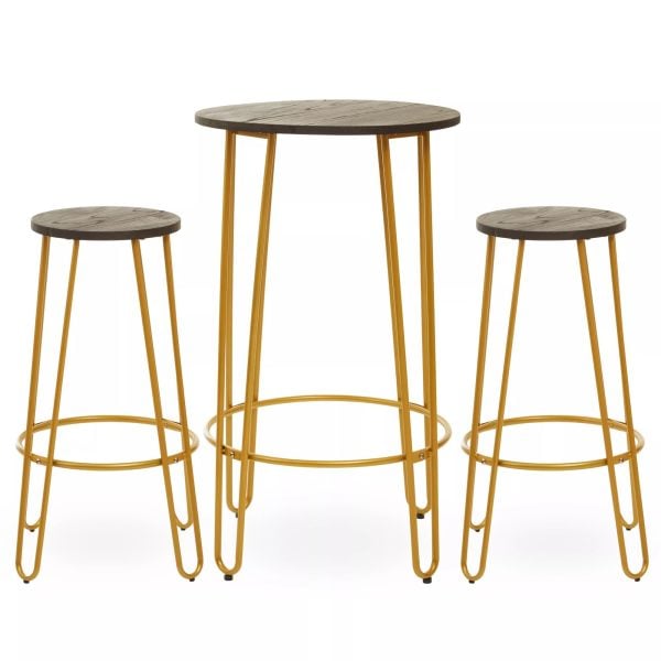 Set of 3 Metal Frame Bar Table Stool Set  Hairpin Stool for Kitchen Counter Elm Wood Metal Frame Stool | Bed Sava