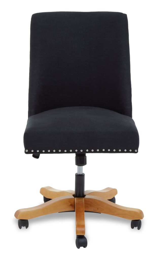 Black Fabric Home Office Chair, Black Upholstery with Stud-Trim Detailing, Swivel Wooden Base with Castors