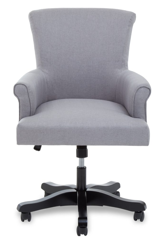Grey Home Office Chair, Scroll‑Arm Grey Fabric Swivel Seat, Height‑Adjustable Task Chair with Wooden Base