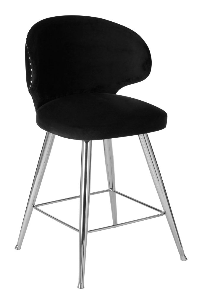 Black Bar Chair Stool with Curved Back, Kitchen Stool for Bar, Breakfast Stool with Velvet Upholstery