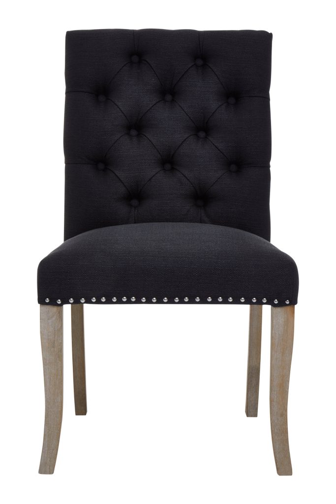 Black Linen Dining Chair With Wooden Legs,Metallic Silver Studded Dining Seat,Comfortable Chair,Accent Chair