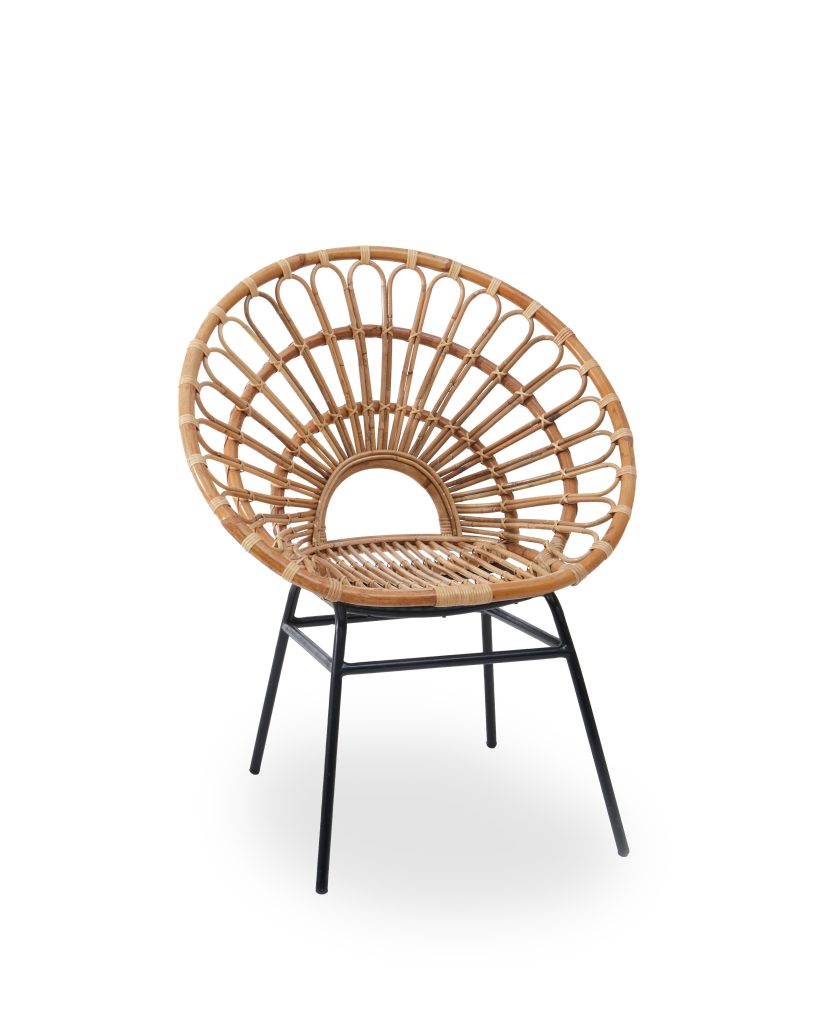 Interiors by Premier Natural Rattan Brown Round Petal Chair with Black Metal Legs, Rattan Dining Chair, Rattan Lounge Chair