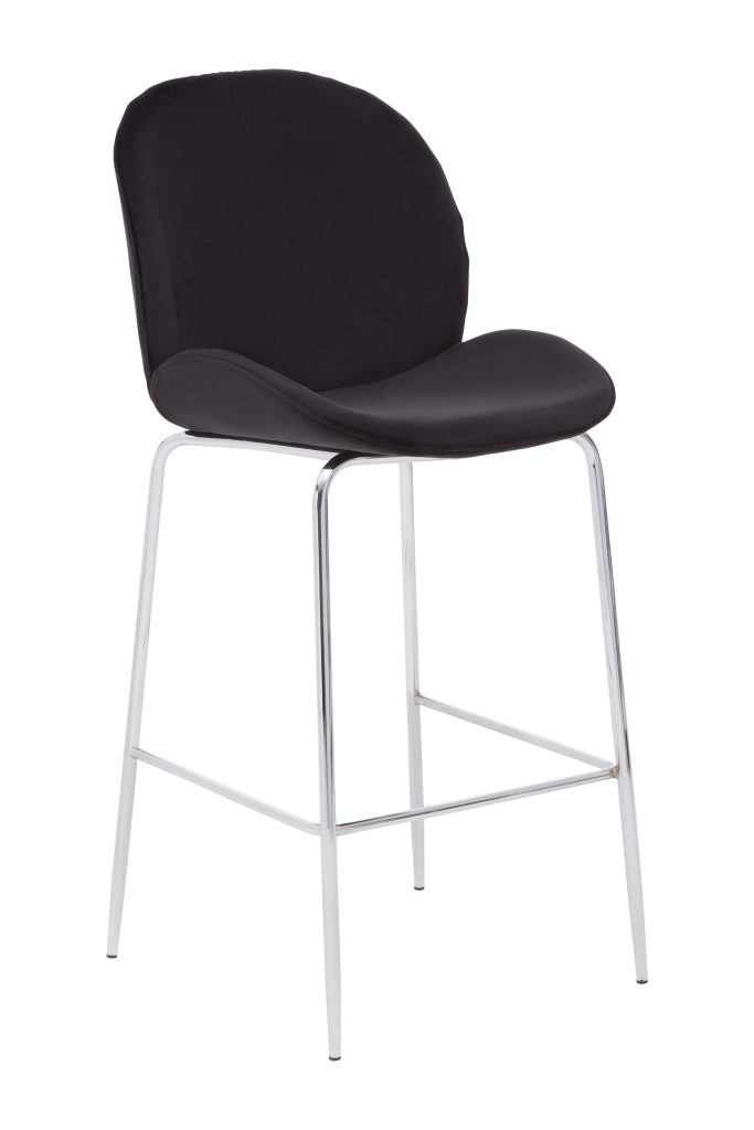 Black Velvet Chrome Finish Bar Chair, Mid-Century Bar Stool With Curved Backrest, Counter Height Chair