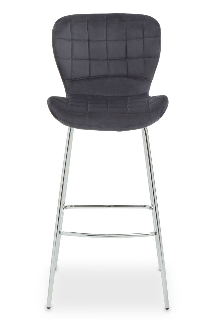 Grey Velvet Bar Chair, Quilted Padded Seat With Chrome Legs & Footrest, Contemporary Upholstered Stool
